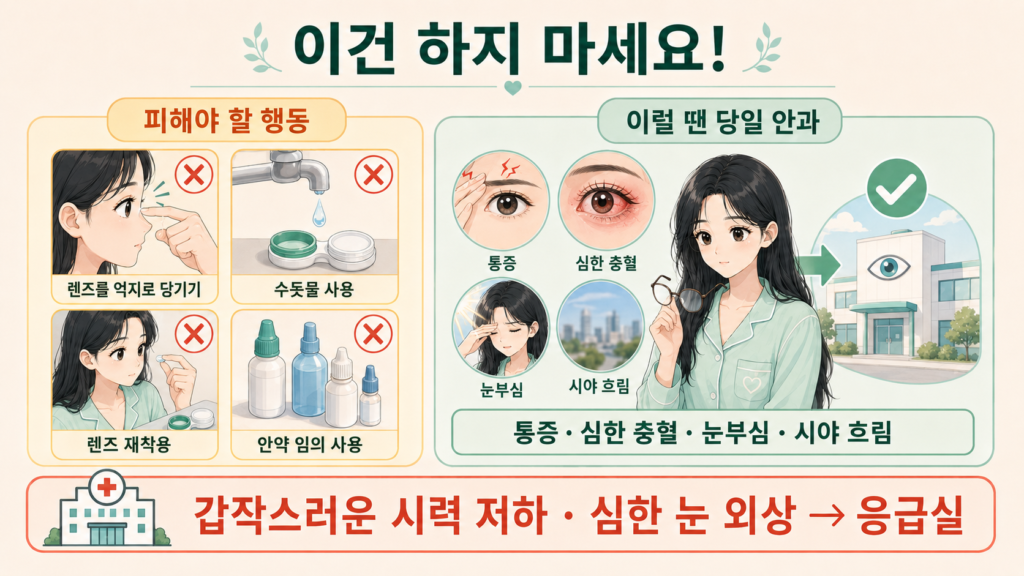 왼쪽에는 렌즈를 억지로 당기기·수돗물 사용·렌즈 재착용·안약 임의 사용을, 오른쪽에는 통증·심한 충혈·눈부심·시야 흐림이 있을 때 당일 안과로 가는 행동을 비교한 가로형 안내 이미지