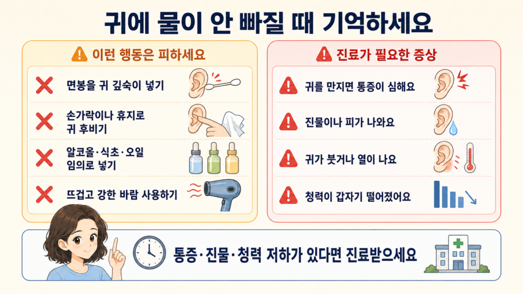 귀에 물이 안 빠질 때 피해야 할 행동과 진료가 필요한 상황을 나타내는 일러스트