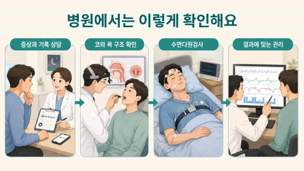코골이 증상과 기록 상담부터 코와 목 구조 확인, 수면다원검사, 결과에 맞는 관리까지 병원 검사 과정을 설명한 그림