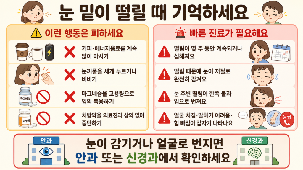 눈 밑이 떨릴 때 피해야 할 행동과 눈이 감기거나 얼굴로 번지는 등 빠른 진료가 필요한 상황을 한눈에 정리한 안내 일러스트