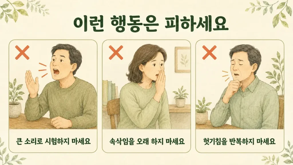 목이 쉴 때 큰 소리와 속삭임, 반복적인 헛기침을 피하라고 안내하는 이미지