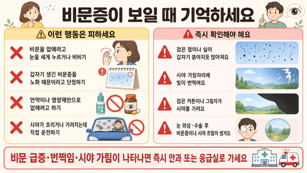 비문증이 있을 때 피해야 할 행동과 갑작스러운 비문 증가, 빛 번쩍임, 검은 커튼 등 긴급 진료가 필요한 증상을 한눈에 정리한 안내 일러스트