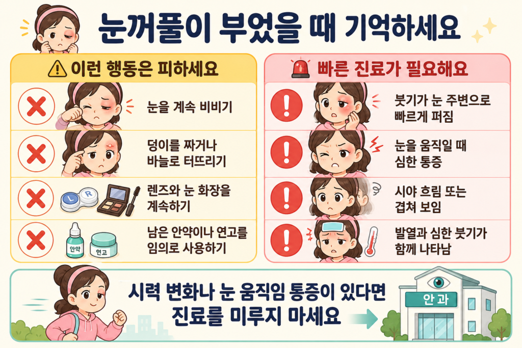눈꺼풀이 부었을 때 덩이를 짜거나 눈을 비비는 행동 등 피해야 할 행동과 시력 저하, 눈 움직임 통증, 발열처럼 빠른 진료가 필요한 상황을 한눈에 정리한 안내 일러스트