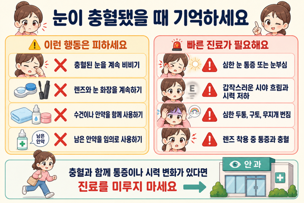 눈이 충혈됐을 때 눈 비비기와 렌즈 착용, 임의 안약 사용 등 피해야 할 행동과 통증·눈부심·시력 저하·두통·구토처럼 빠른 진료가 필요한 상황을 한눈에 정리한 안내 일러스트
