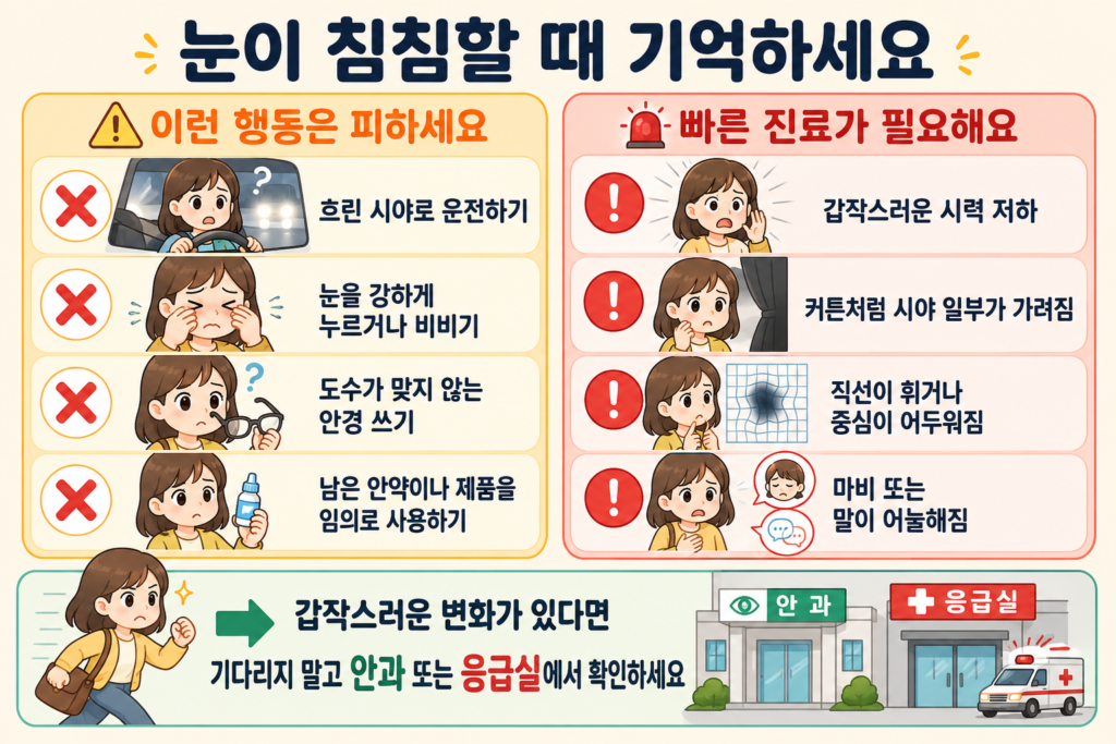 이 침침할 때 흐린 시야로 운전하거나 눈을 비비는 행동 등 피해야 할 행동과 갑작스러운 시력 저하, 시야 가림, 직선 왜곡, 마비·언어장애처럼 빠른 진료가 필요한 상황을 한눈에 정리한 안내 일러스트