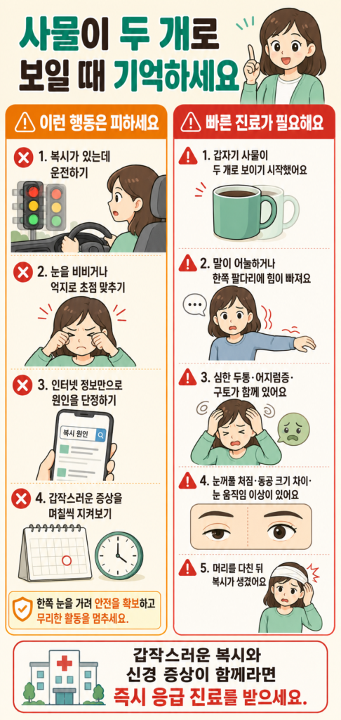 복시가 있을 때 운전하거나 한쪽 눈을 가린 채 이동하는 행동 등 피해야 할 행동과 갑작스러운 복시, 심한 두통, 동공 크기 차이, 마비·언어장애처럼 응급실 진료가 필요한 상황을 한눈에 정리한 안내 일러스트