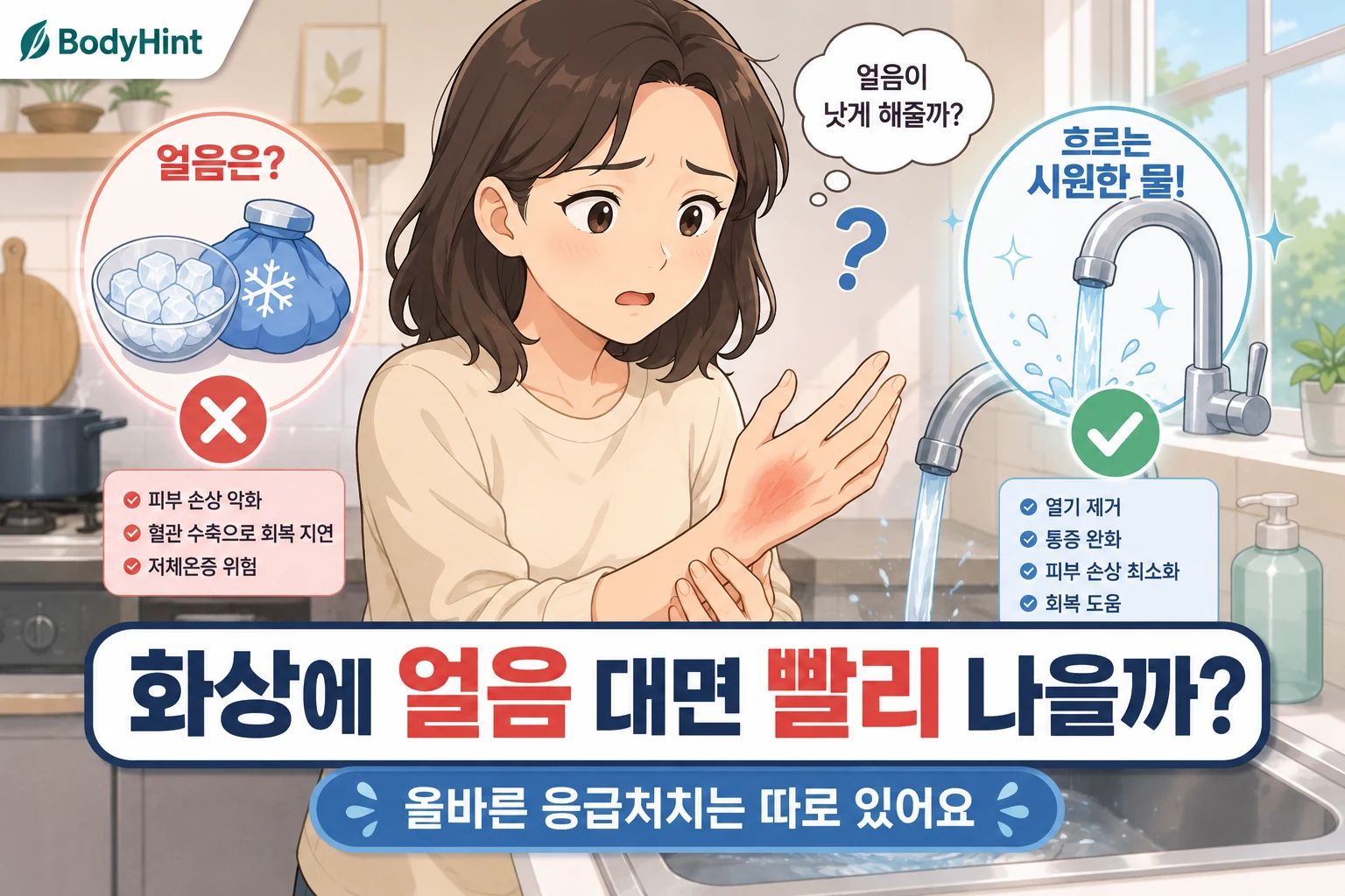 화상에 얼음을 대야 할지 고민하며 흐르는 시원한 물로 손을 식히는 여성이 올바른 응급처치를 확인하는 모습