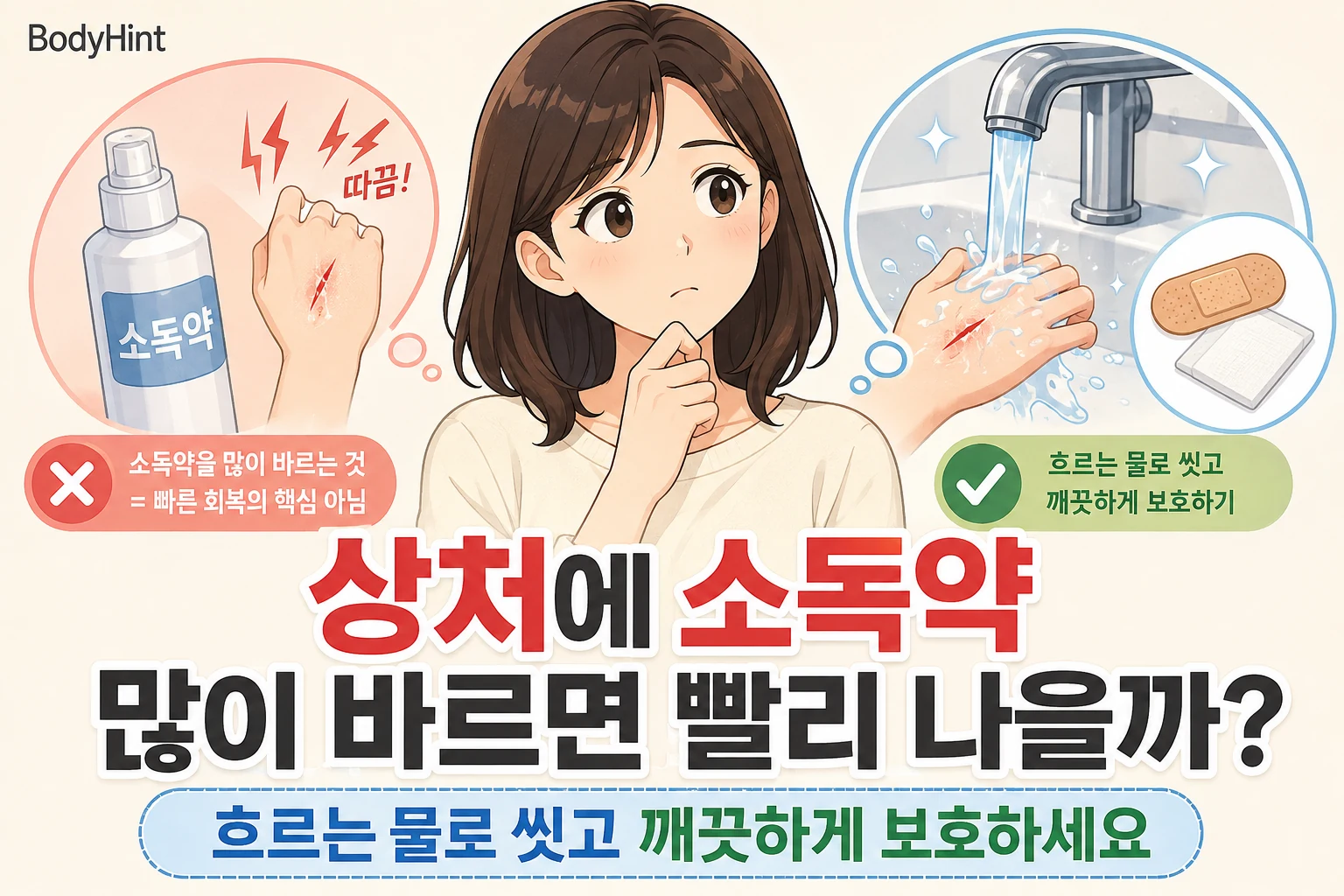 상처에 소독약을 많이 바를지 고민하며 흐르는 물로 상처를 씻고 깨끗하게 보호하는 방법을 확인하는 여성