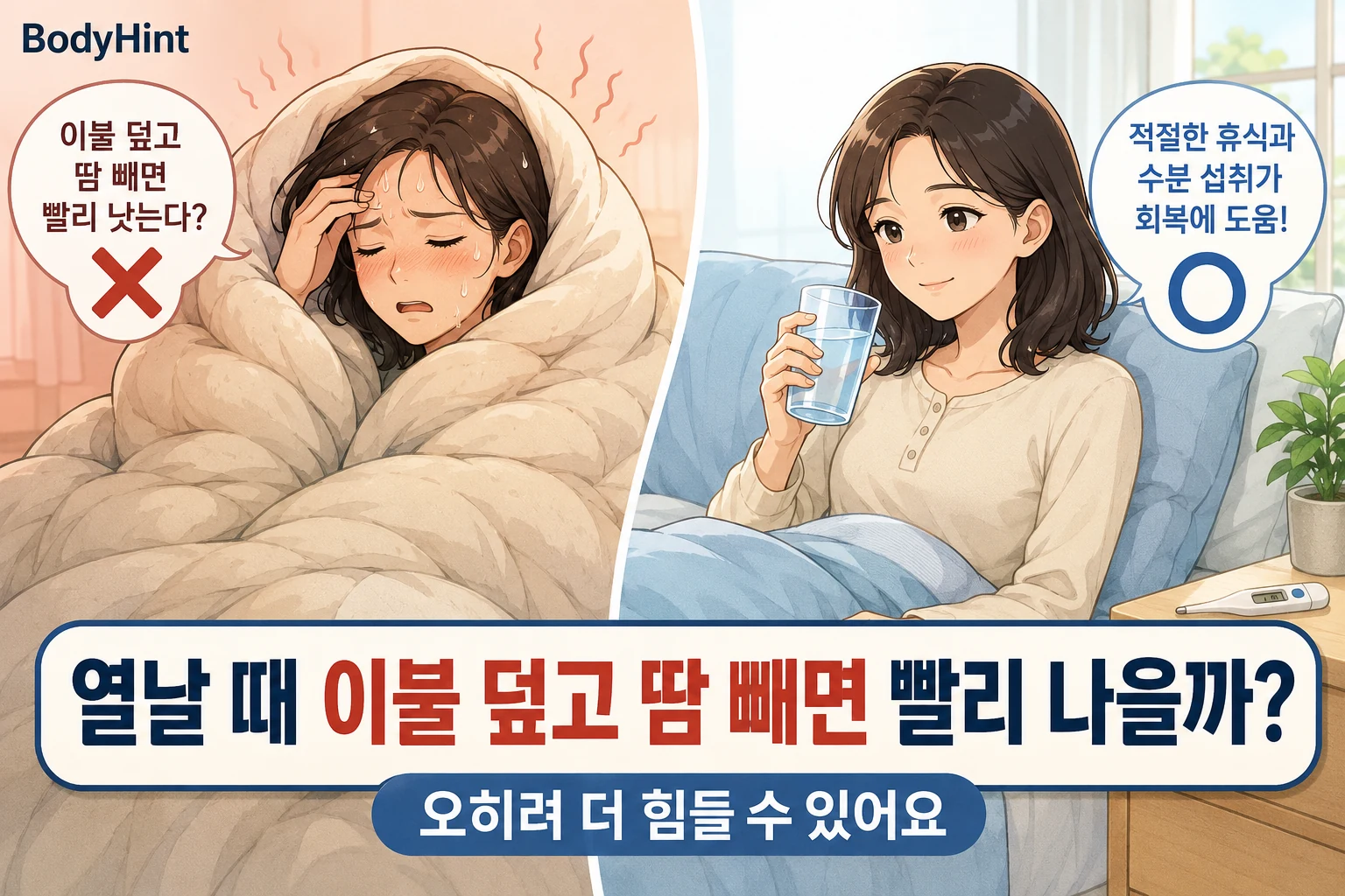 열이 날 때 두꺼운 이불을 덮고 땀을 빼는 방법과 가볍게 쉬며 물을 마시는 방법을 비교하는 여성