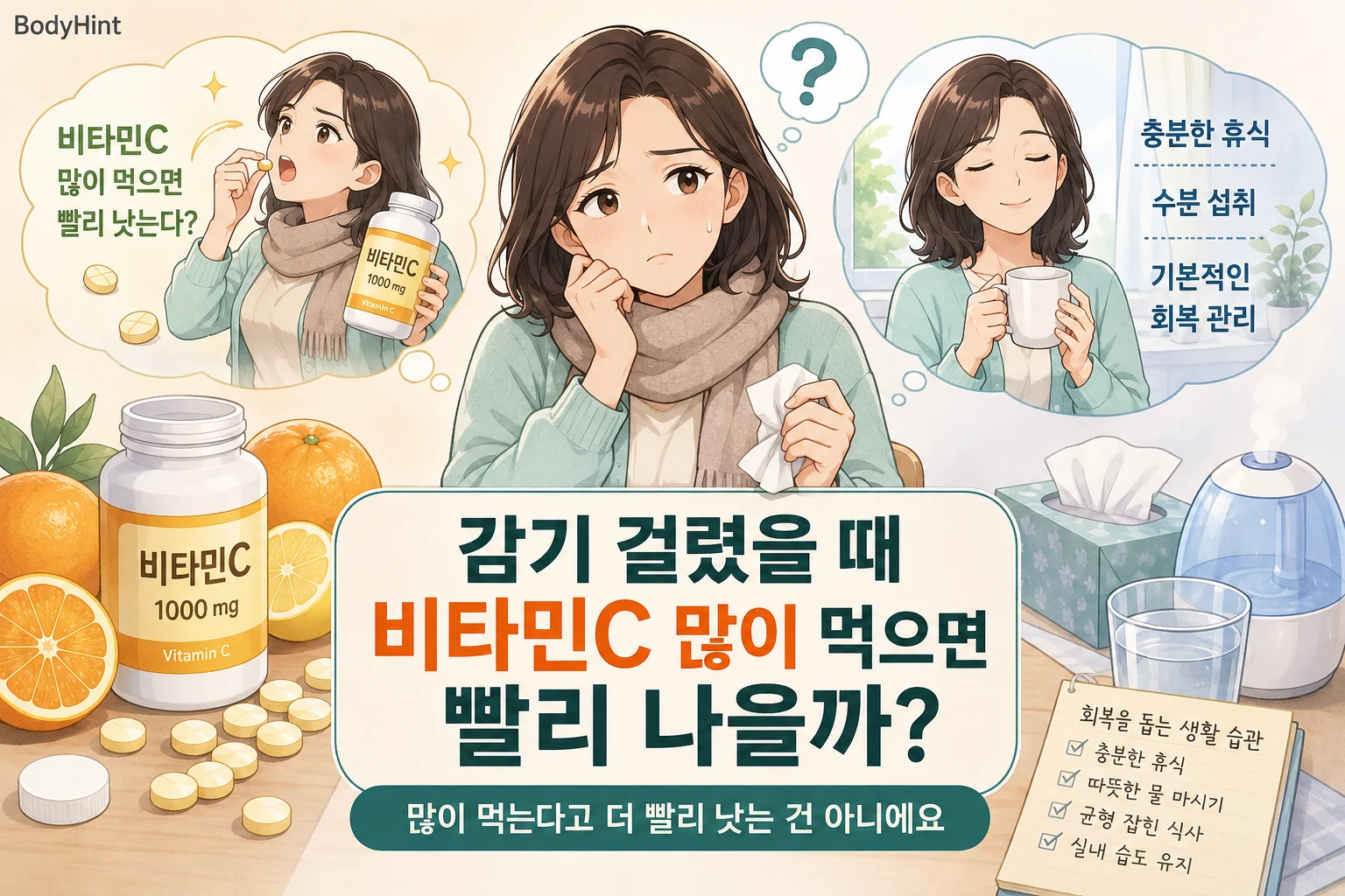 감기 걸렸을 때 비타민C를 많이 먹으면 빨리 나을지 고민하는 여성과 휴식·수분 섭취를 비교한 이미지