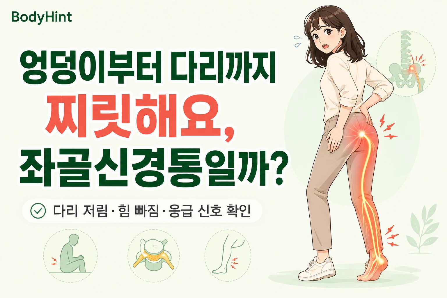 엉덩이에서 종아리와 발까지 찌릿한 통증이 내려가는 여성이 좌골신경통인지 걱정하는 모습