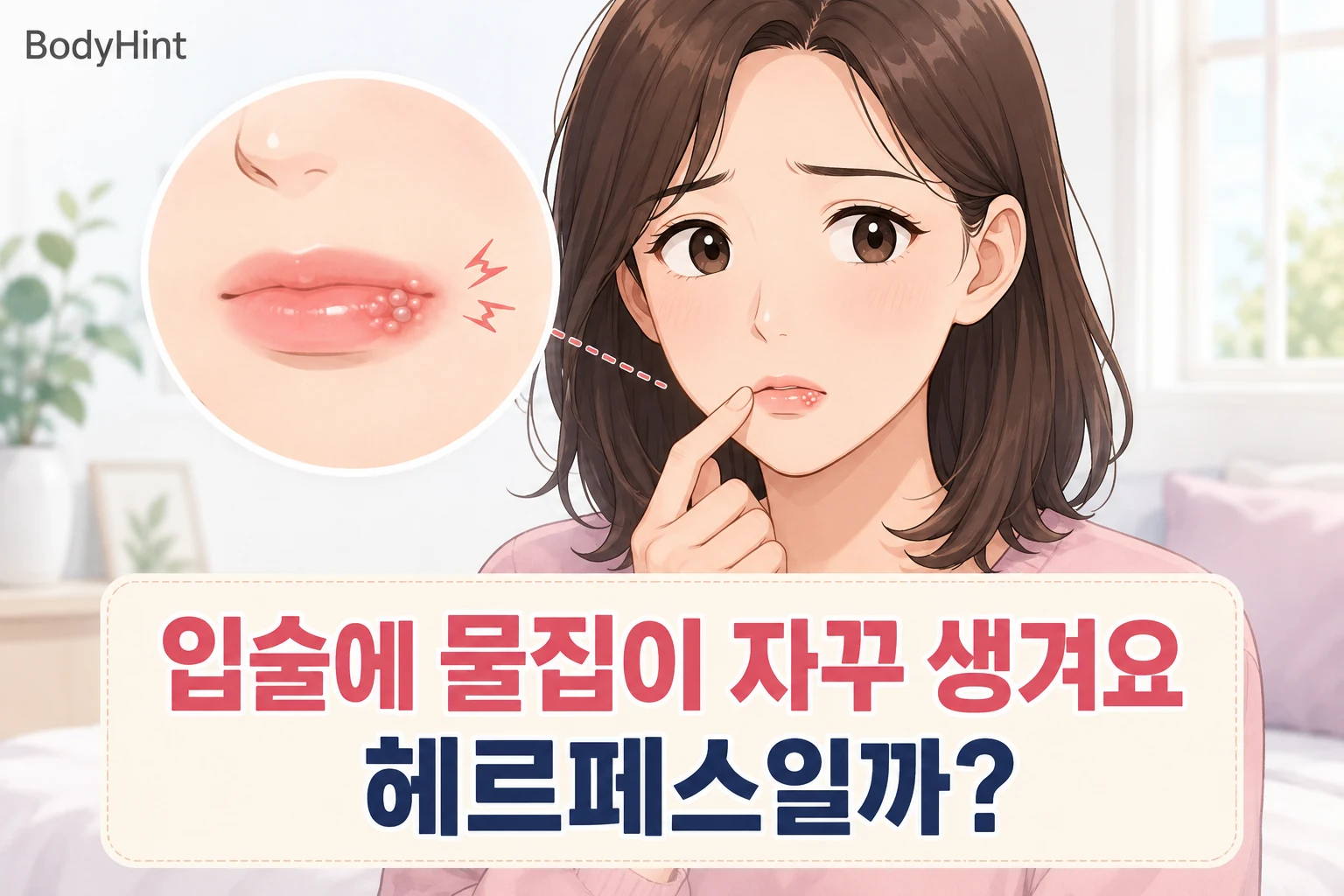 입술 한쪽에 작은 물집이 여러 개 생겨 헤르페스인지 걱정하며 입술을 확인하는 여성의 모습