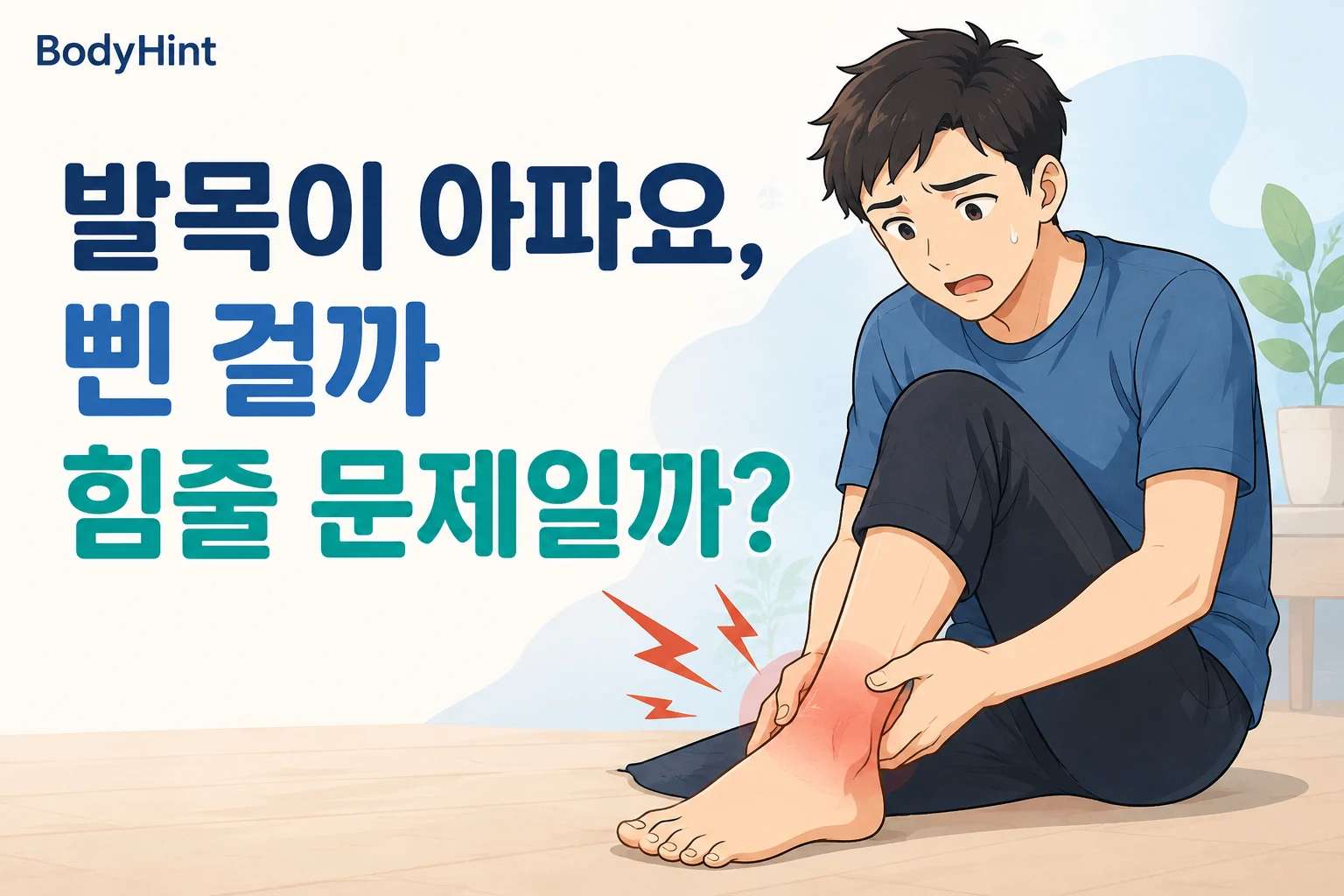 발목이 붓고 아픈 남성이 발목을 잡고 앉아 단순히 삔 것인지 힘줄 문제인지 걱정하는 모습