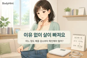 이유 없이 살이 빠져 걱정하는 여성이 헐거워진 바지 허리를 잡고 체중계와 체중 변화 기록을 확인하는 모습