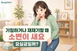 기침하거나 재채기할 때 소변이 새어 당황한 여성이 요실금 여부를 걱정하는 모습