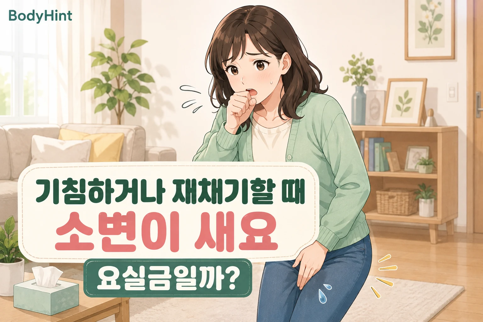 기침하거나 재채기할 때 소변이 새어 당황한 여성이 요실금 여부를 걱정하는 모습