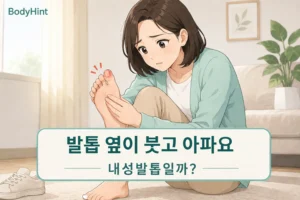 발톱 옆이 붓고 아파 걱정하는 여성이 엄지발톱 가장자리를 살펴보는 모습