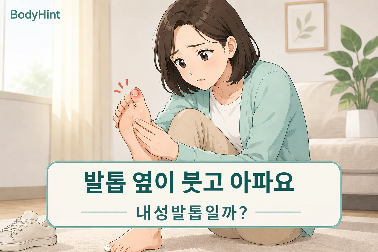 발톱 옆이 붓고 아파 걱정하는 여성이 엄지발톱 가장자리를 살펴보는 모습
