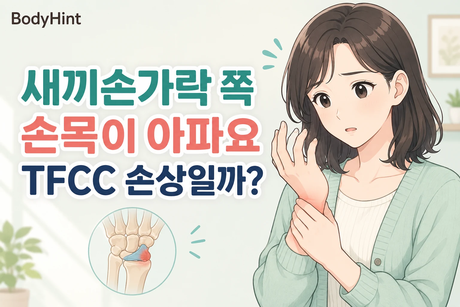 새끼손가락 쪽 손목 통증으로 손목을 감싸 쥐고 걱정하는 여성과 TFCC 위치를 보여주는 일러스트
