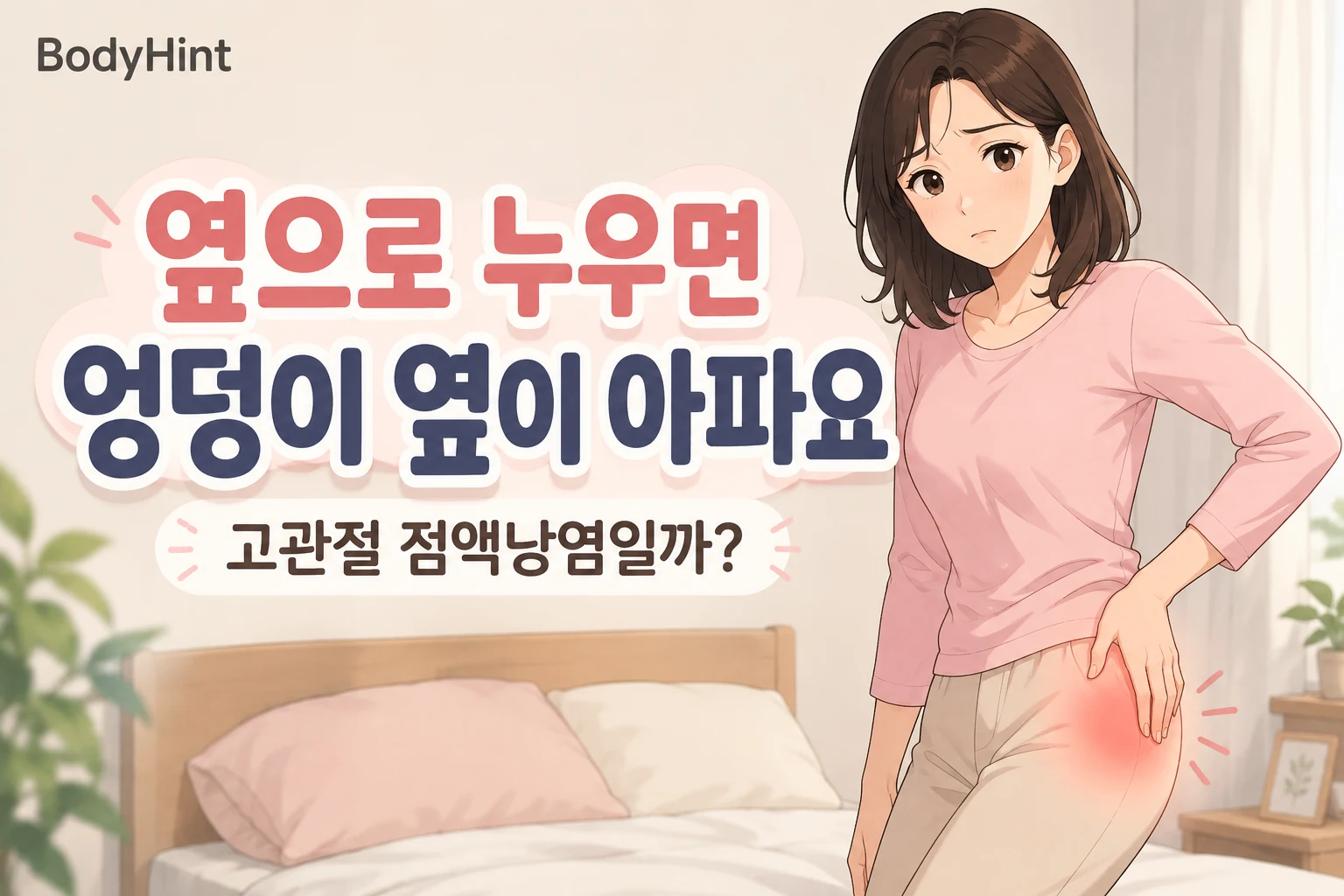 옆으로 누울 때 엉덩이 바깥쪽 통증이 심해 고관절 점액낭염인지 걱정하는 여성