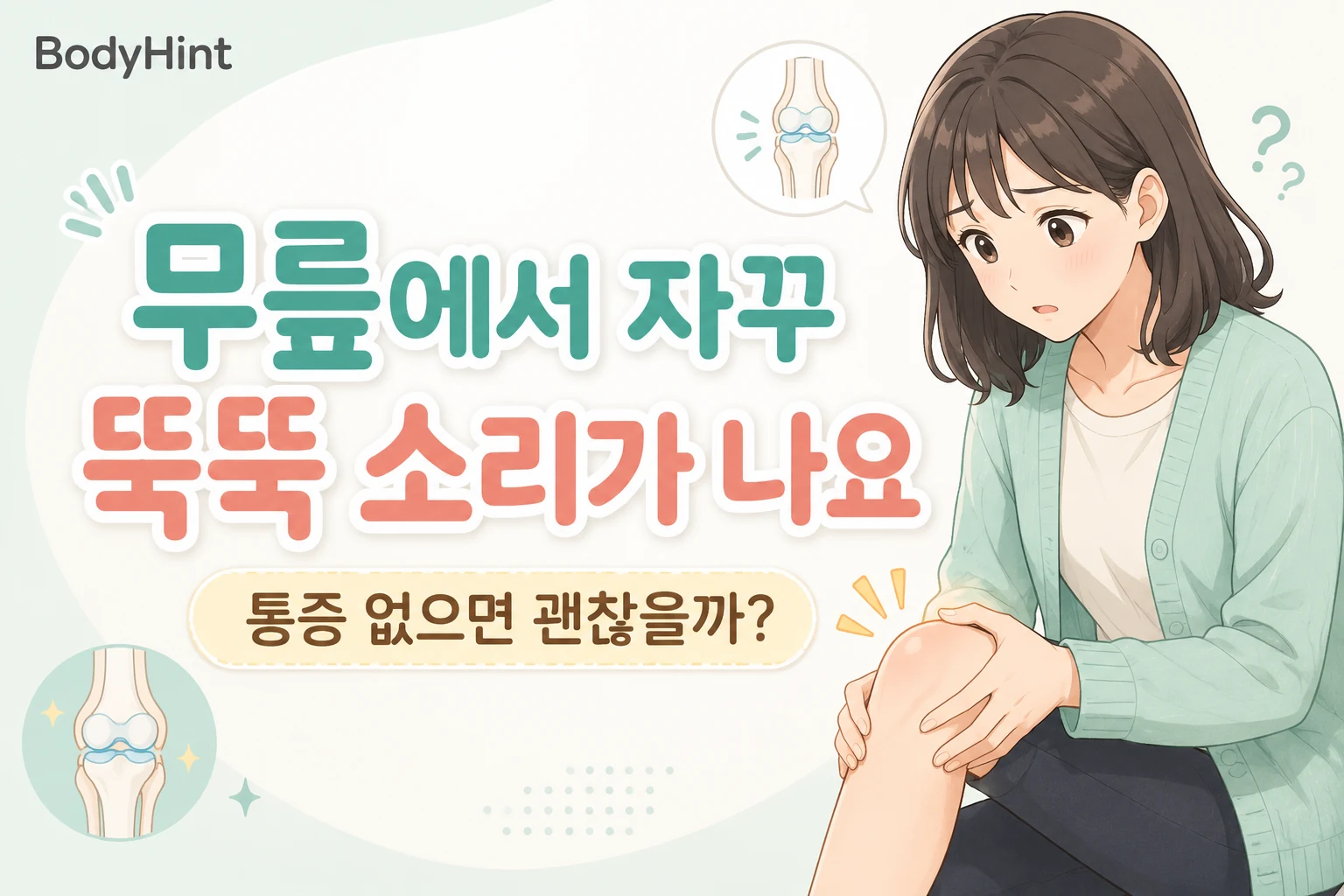 무릎에서 자꾸 뚝뚝 소리가 나지만 통증이 없어 괜찮은지 걱정하는 여성