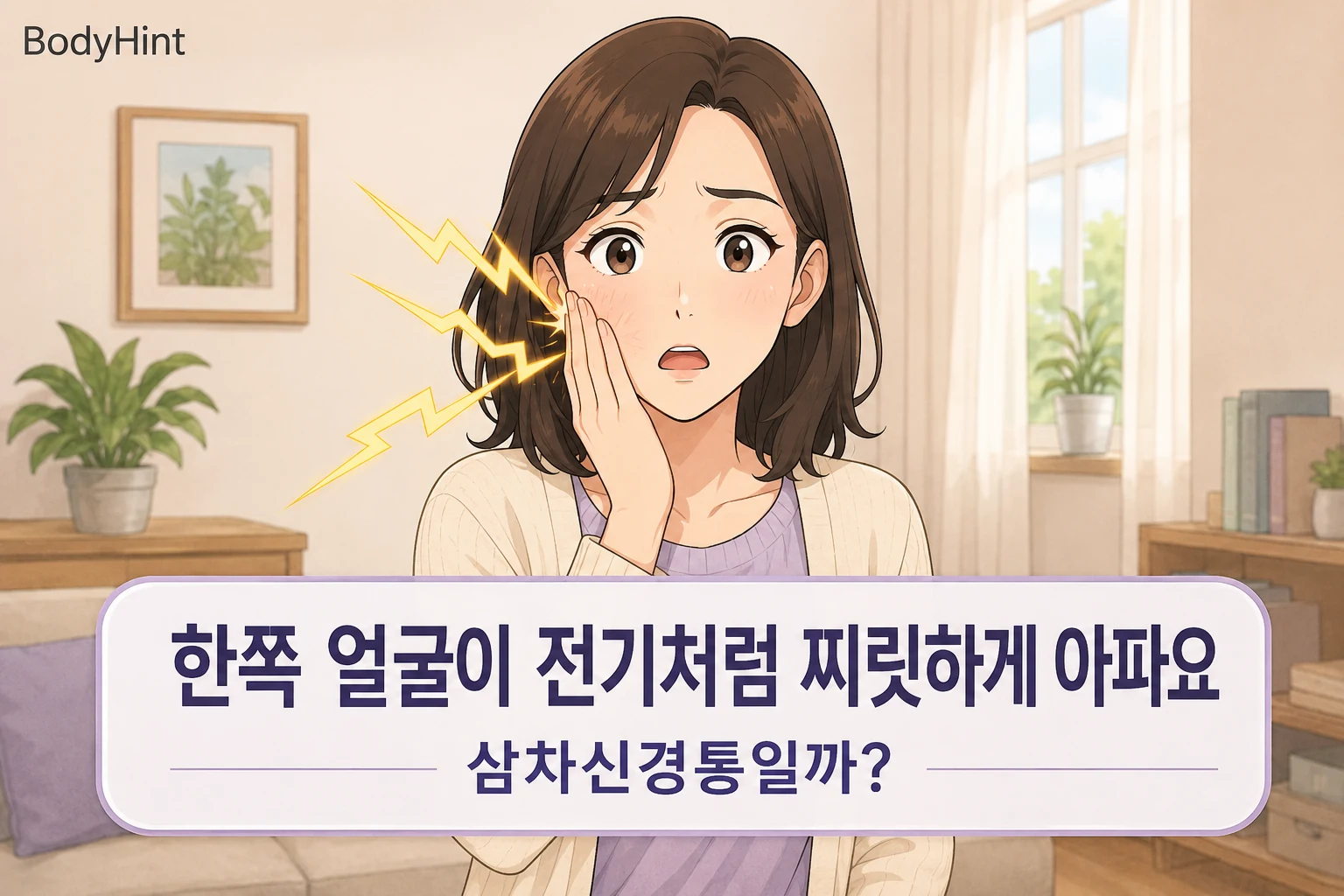 한쪽 얼굴이 전기처럼 찌릿하게 아파 삼차신경통인지 걱정하며 볼을 감싸는 여성
