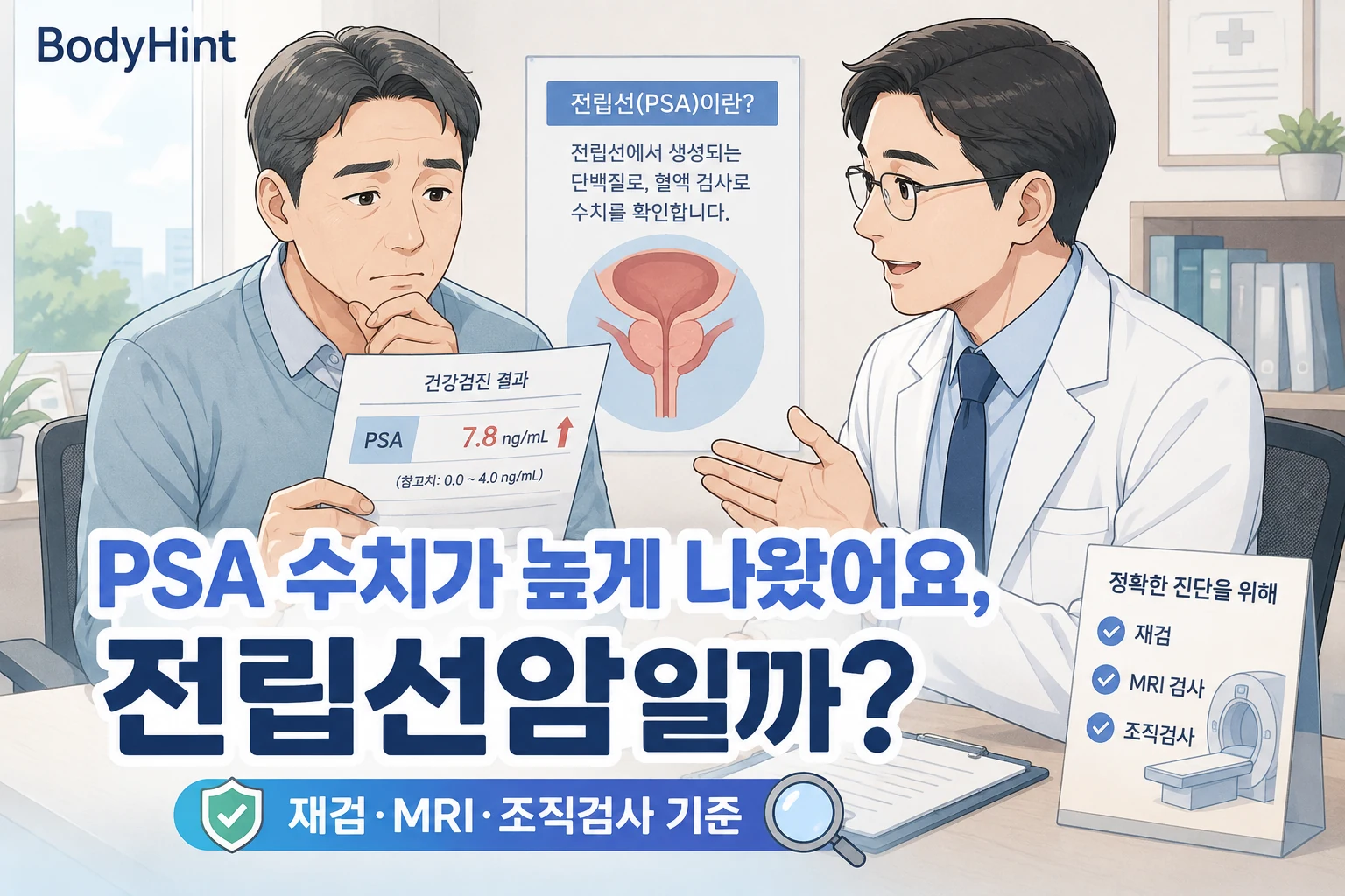 PSA 수치가 높게 나온 건강검진 결과를 보고 전립선암 가능성과 재검·MRI·조직검사 기준을 상담하는 남성