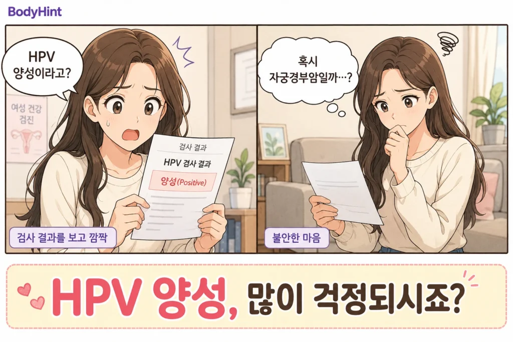 HPV 양성 검사 결과를 보고 놀란 뒤 혹시 자궁경부암일까 걱정하는 여성의 공감형 2컷 만화