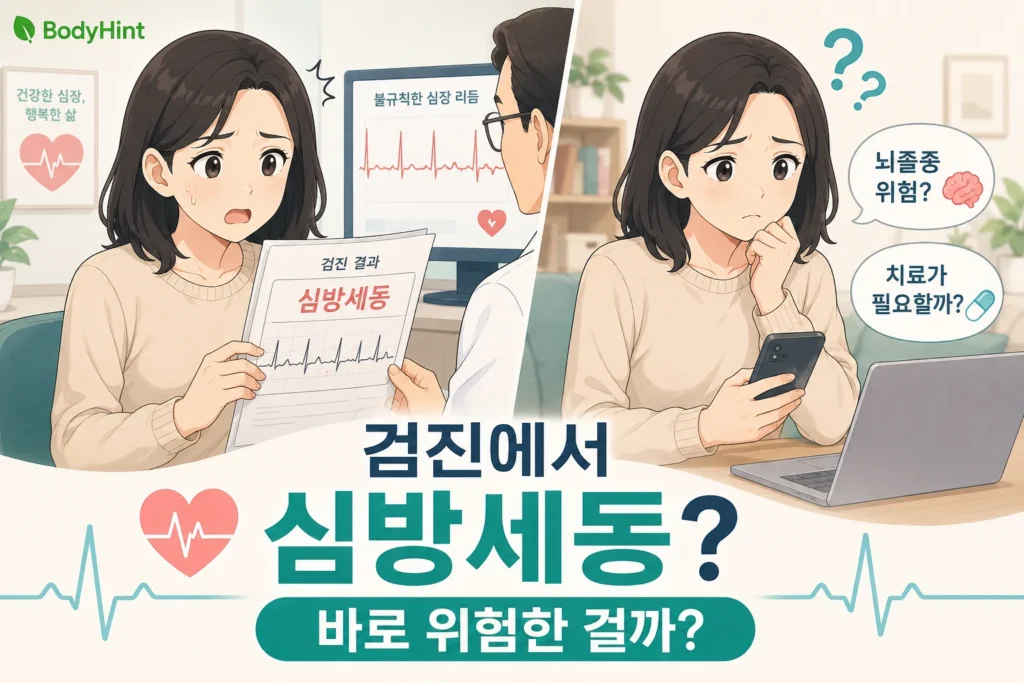 건강검진에서 심방세동 결과를 들은 뒤 집에서 뇌졸중 위험과 치료 필요성을 검색하며 걱정하는 여성