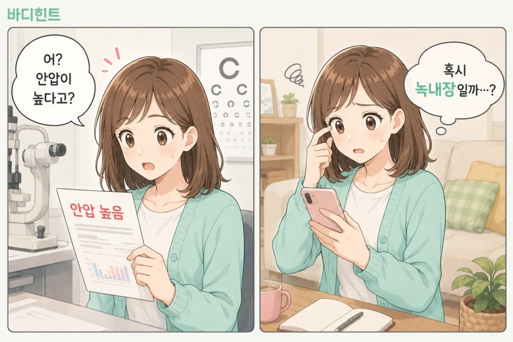 안압이 높다는 검사 결과를 보고 놀란 뒤 혹시 녹내장일까 걱정하는 여성의 공감형 2컷 만화