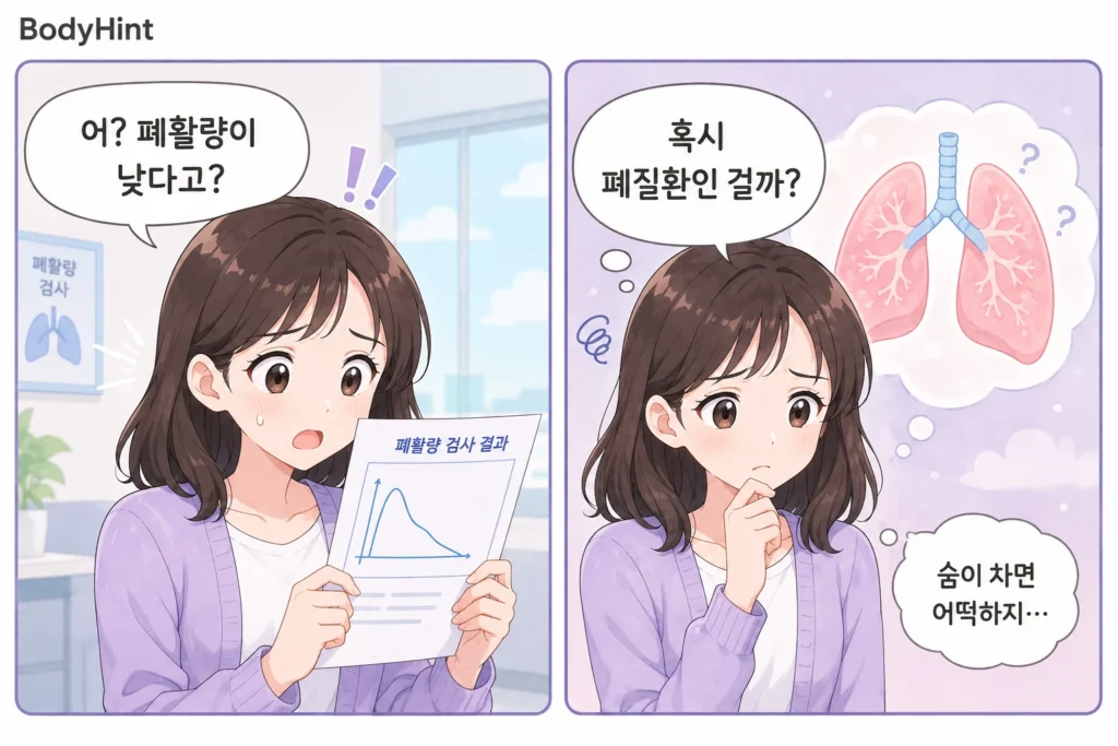 폐활량이 낮다는 검사 결과를 보고 놀란 뒤 혹시 폐질환일까 걱정하는 여성의 공감형 2컷 만화