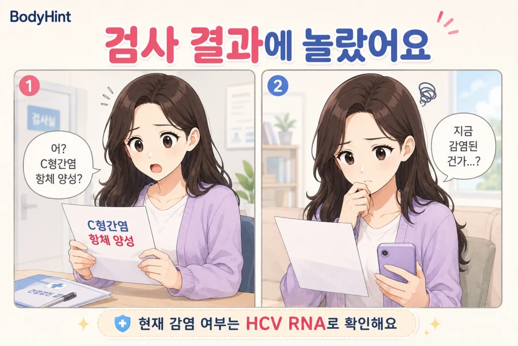 C형간염 항체 양성 결과를 보고 놀란 뒤 지금 감염된 것인지 걱정하며 HCV RNA 검사를 확인하는 여성의 공감형 2컷 만화
