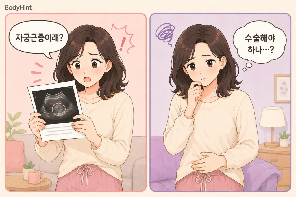 자궁근종이 발견됐다는 검사 결과를 보고 놀란 뒤 수술해야 하는지 걱정하는 여성의 공감형 2컷 만화
