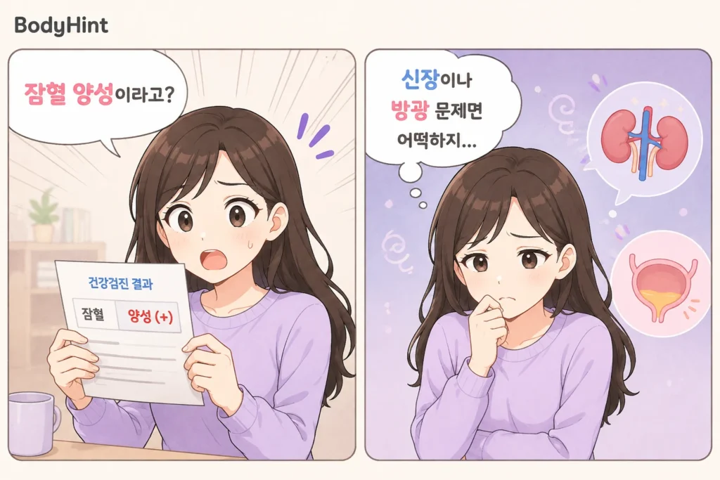 소변검사에서 잠혈 양성 결과를 보고 놀란 뒤 신장이나 방광 문제인지 걱정하는 여성의 공감형 2컷 만화