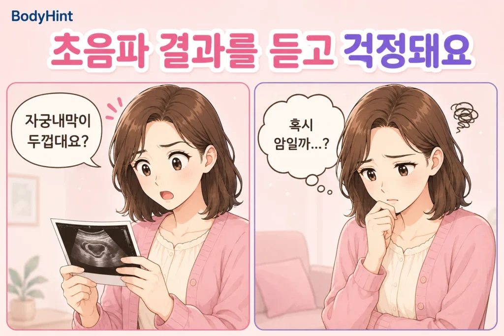 초음파에서 자궁내막이 두껍다는 말을 듣고 놀란 뒤 혹시 암일까 걱정하는 여성의 공감형 2컷 만화