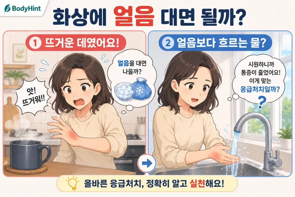 뜨거운 물체에 손을 데인 뒤 얼음을 대야 할지 고민하고 흐르는 시원한 물로 화상 부위를 식히는 여성의 공감형 2컷 만화