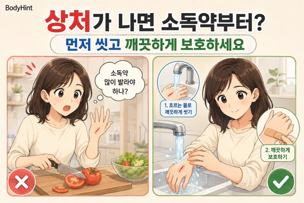 손에 작은 상처가 난 뒤 소독약을 많이 발라야 할지 고민하고 흐르는 물로 씻은 뒤 밴드로 보호하는 여성의 공감형 2컷 만화