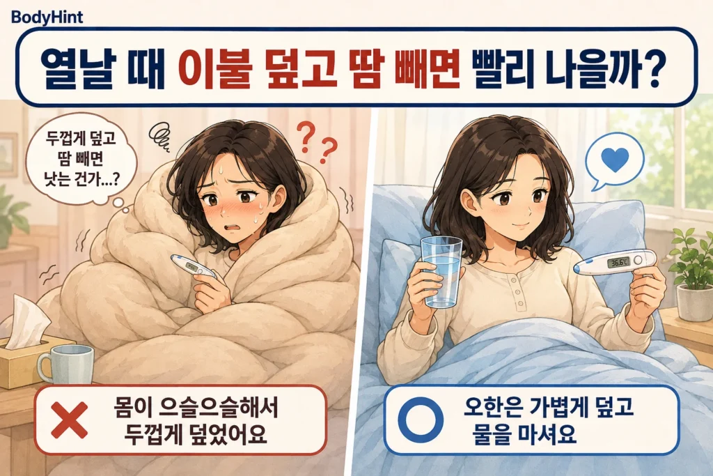 열이 나고 오한이 있어 두꺼운 이불을 덮고 땀을 빼려다 가볍게 덮고 물을 마시며 쉬는 여성의 공감형 2컷 만화