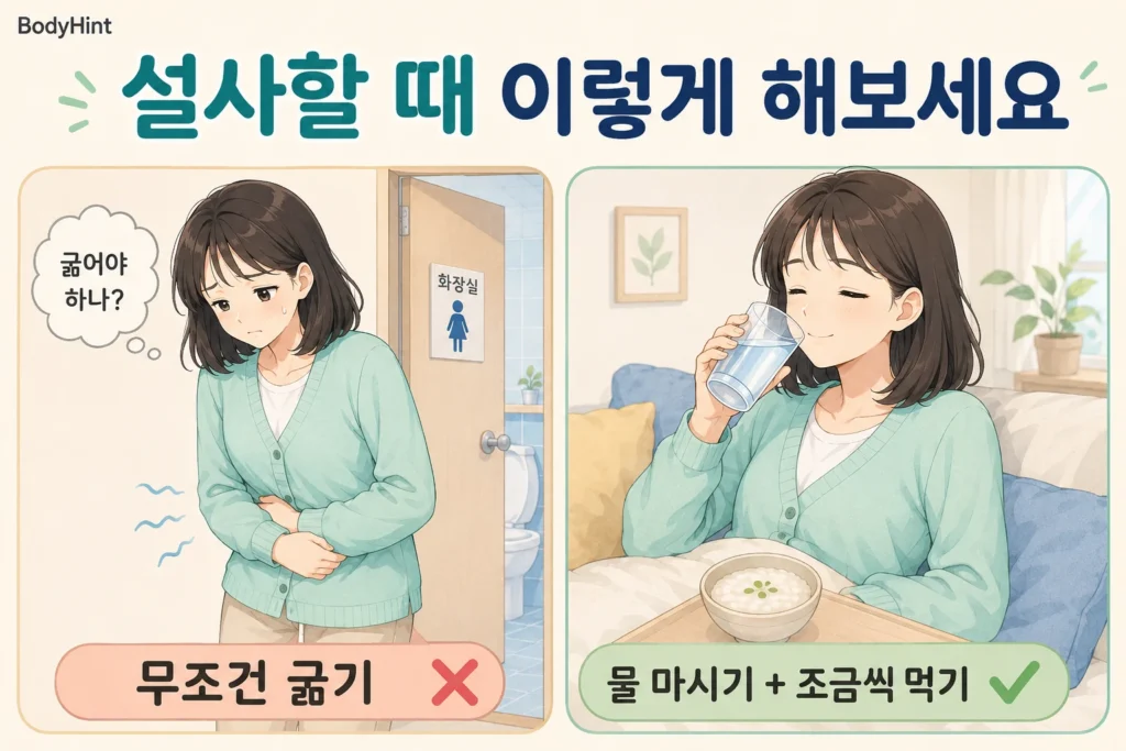 설사 때문에 무조건 굶어야 할지 고민하다가 물을 마시고 부드러운 음식을 조금씩 먹으며 쉬는 여성의 공감형 2컷 만화