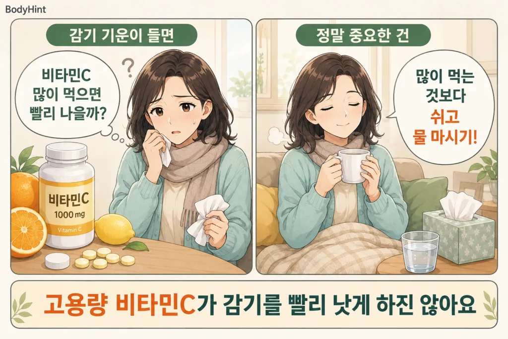 감기 기운이 들자 비타민C를 많이 먹을지 고민하는 여성과 쉬면서 물을 마시는 모습을 비교한 2컷 이미지