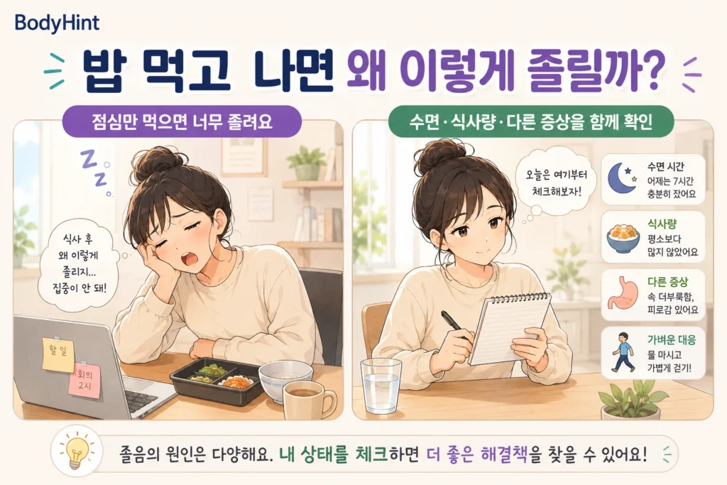 점심을 먹은 뒤 업무 중 심하게 졸린 여성과 수면 시간·식사량·다른 증상을 기록하며 원인을 확인하는 모습을 비교한 2컷 이미지