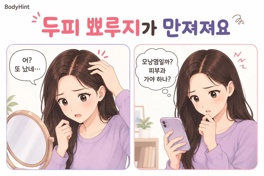 두피에 뾰루지가 또 생긴 것을 발견한 여성이 거울로 확인하고 모낭염인지 피부과에 가야 할지 고민하는 2컷 만화