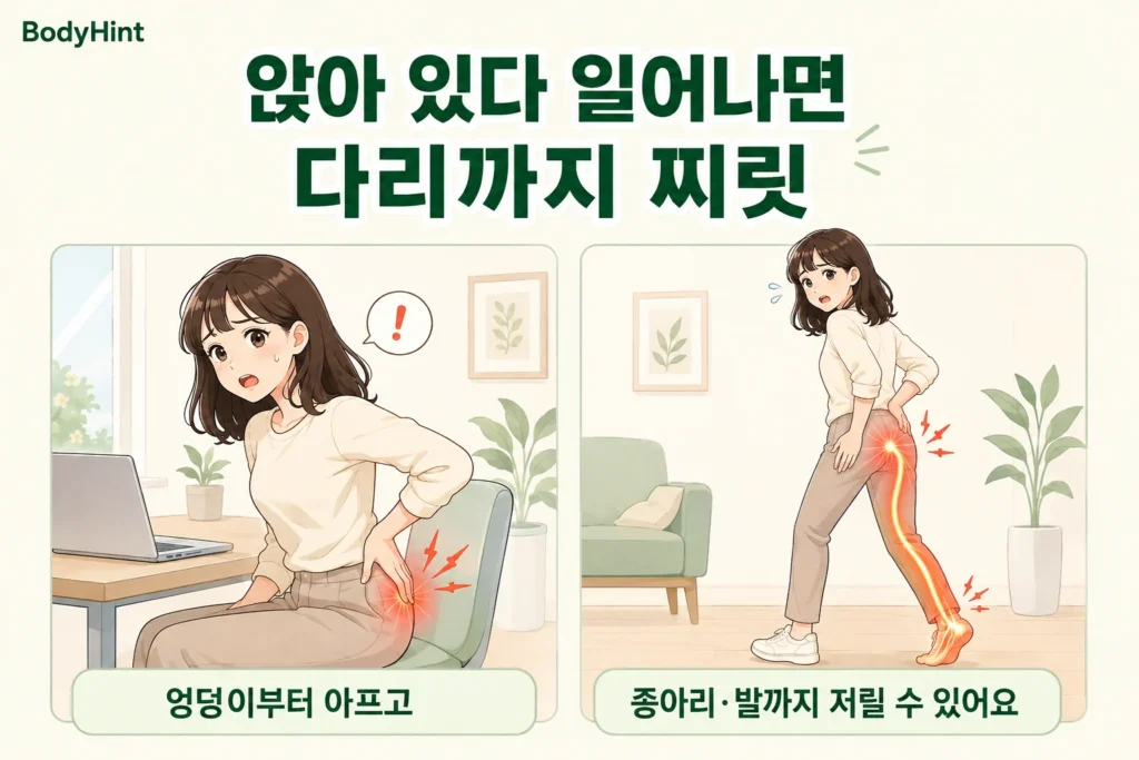 앉아 있다 일어날 때 엉덩이가 아프고 종아리와 발까지 찌릿한 통증이 내려가는 여성의 공감형 2컷 이미지