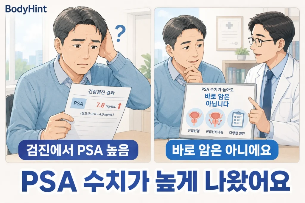 건강검진에서 PSA 수치가 높게 나온 결과를 받고 걱정한 뒤 전립선염·전립선비대증 등 다양한 원인도 있다는 설명을 듣는 남성