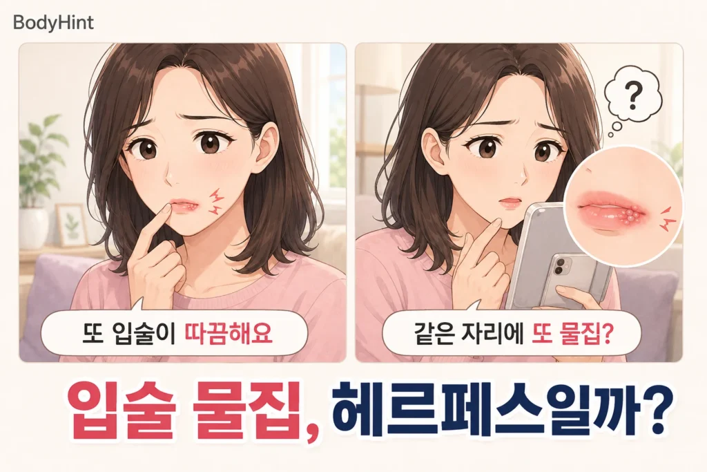 입술이 따끔거린 뒤 같은 자리에 작은 물집이 다시 생겨 헤르페스인지 고민하는 여성의 공감형 2컷 이미지