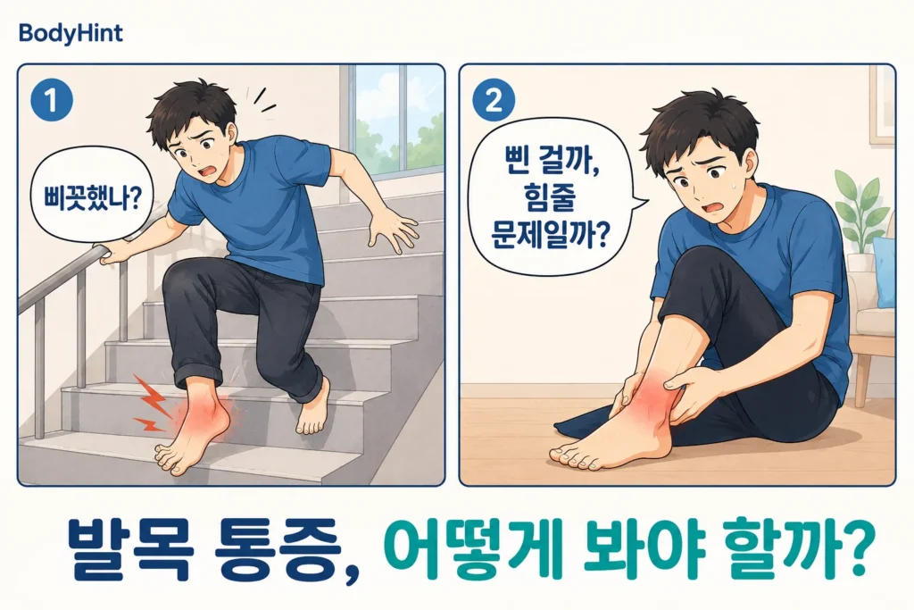 계단에서 발목을 삐끗한 뒤 통증이 생긴 남성이 발목을 잡고 힘줄 문제인지 고민하는 공감형 2컷 이미지