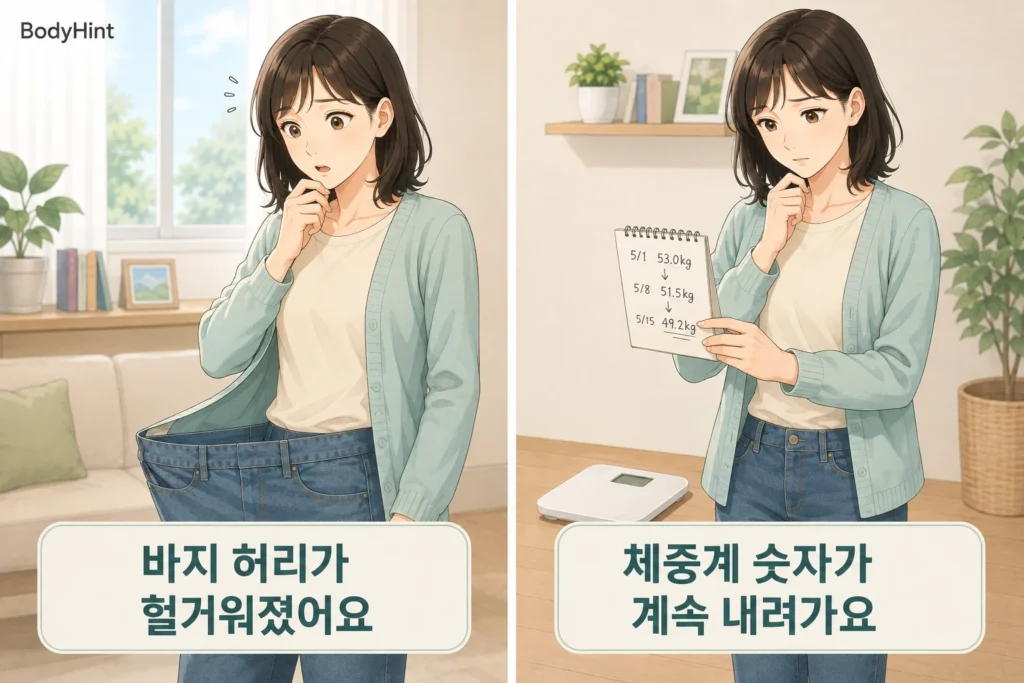 바지 허리가 헐거워지고 체중계 숫자가 계속 내려가는 것을 확인하며 걱정하는 여성의 2컷 일러스트