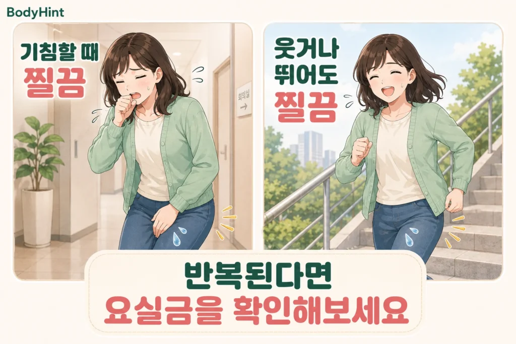 기침할 때와 웃거나 뛰는 상황에서 소변이 조금 새어 당황하는 여성의 2컷 일러스트