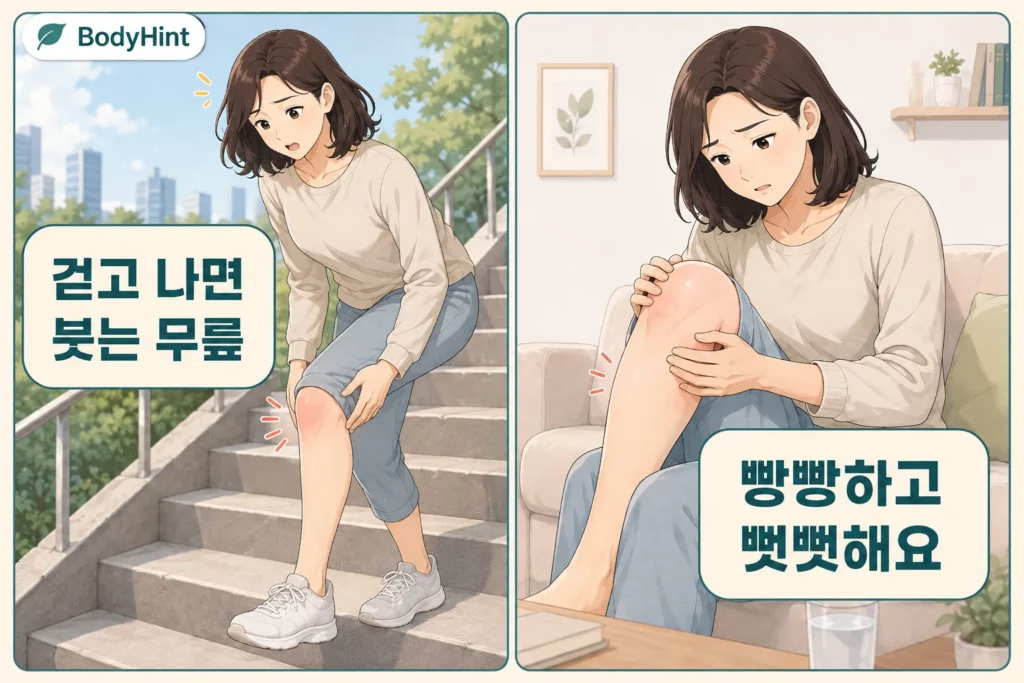 걷고 난 뒤 무릎이 붓고 집에서도 무릎이 빵빵하고 뻣뻣해 불편해하는 여성의 2컷 일러스트
