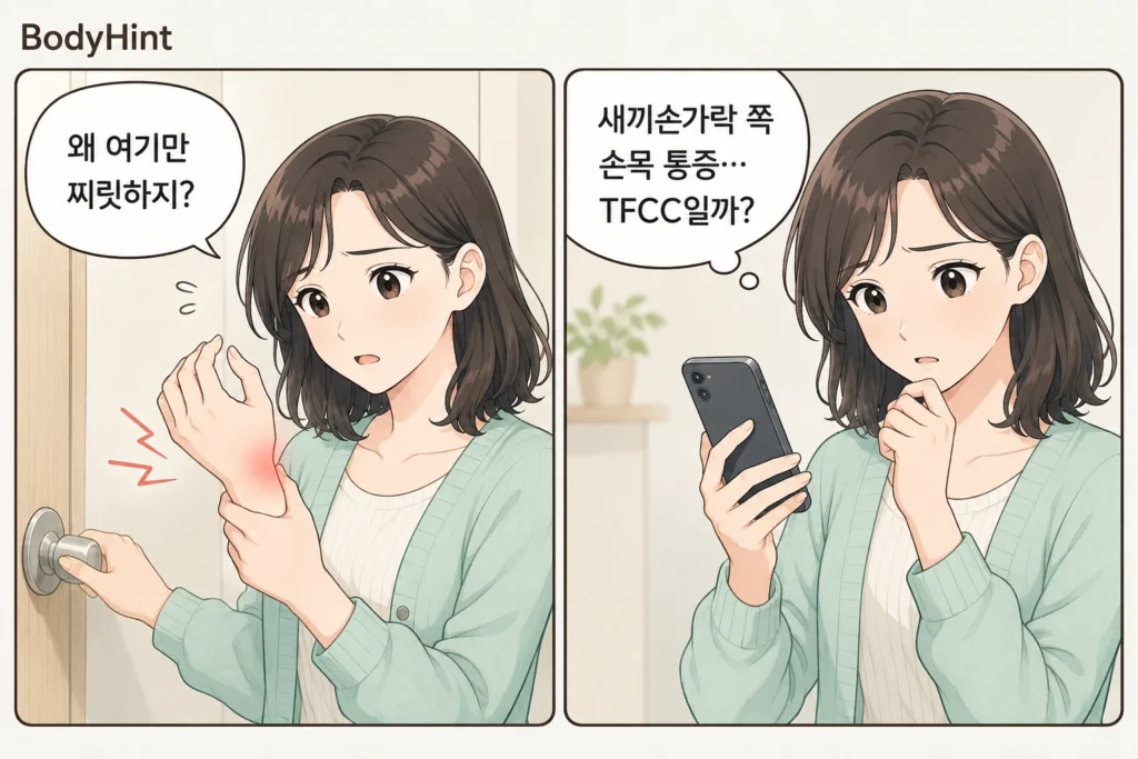 문손잡이를 돌릴 때 새끼손가락 쪽 손목이 찌릿하게 아프고 휴대전화로 TFCC 손상을 검색하는 여성의 2컷 일러스트